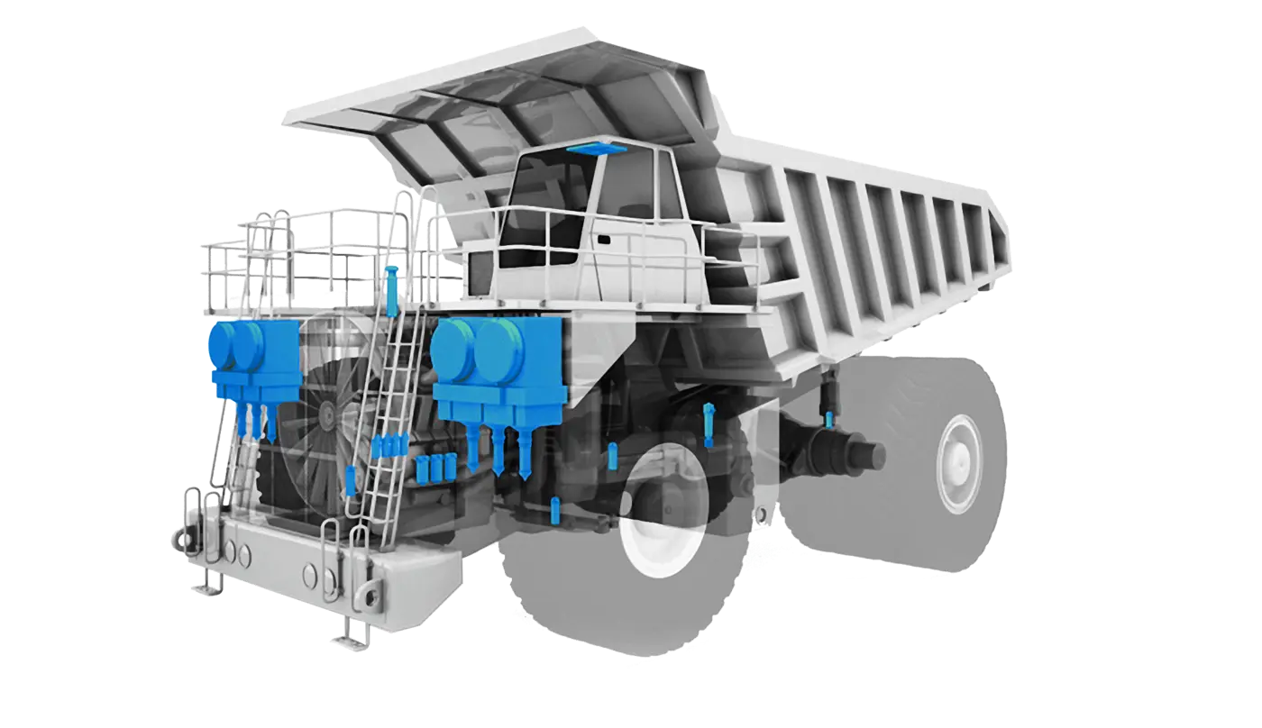 Cutaway of a mining dump truck showing its Donaldson filtration points