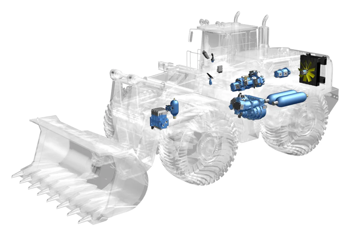 Transparent wheel loader view showing its Bosch Rexroth pumps, motors and valves